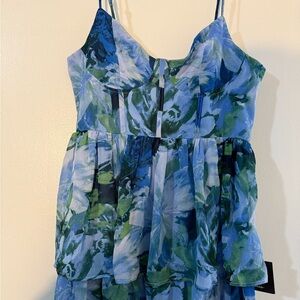 Lulus Light Blue Floral Bustier Tiered Midi Dress L